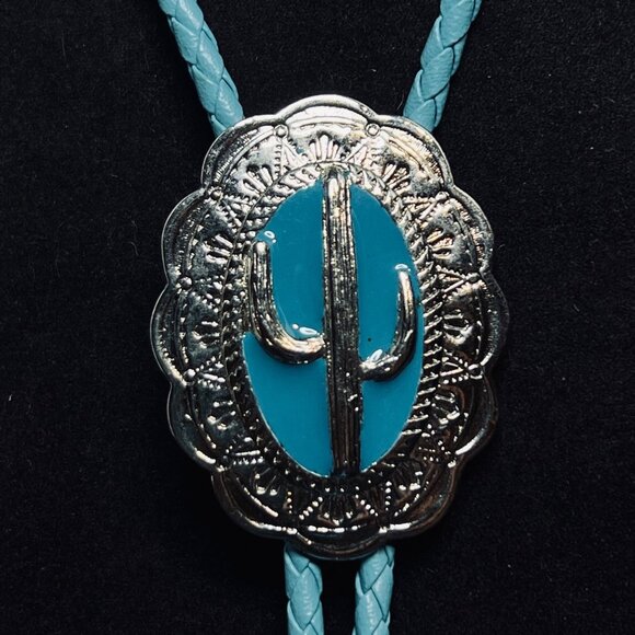 Western Aqua Blue & Silver Tone Cactus Bolo Tie Necklace (4735-1 to -5) - Picture 3 of 5